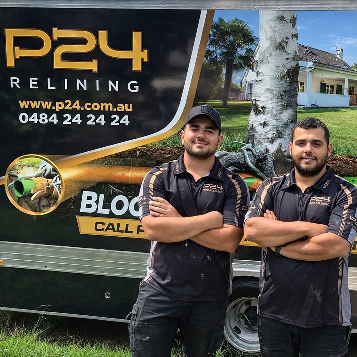 P24 team standing beside a relining van and installation drum